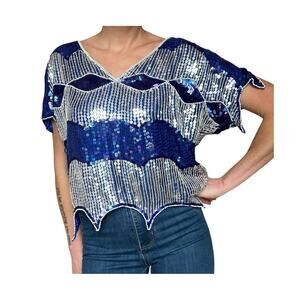 1980's  Blue and Silver Sequin, Scallop Top